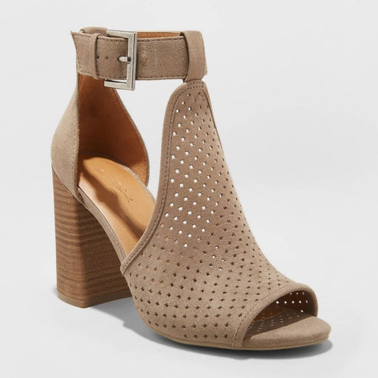 Hannah Microsuede Laser Cut Block Heel Pumps Taupe