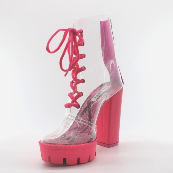 Womens Pink Brooklyn Clear chunky high heel Ankle Boots